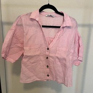 Pink Button-Up Blouse Crop Top